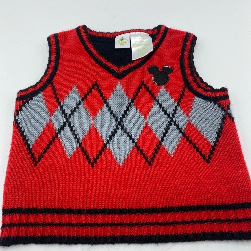 Disney Baby Red and Black Argyle Knit Sweater Vest Mickey Mouse 9 Months